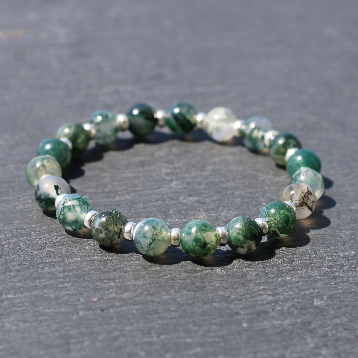 Moss Agate Power Bracelet With Sterling Silver & Tumble Stone