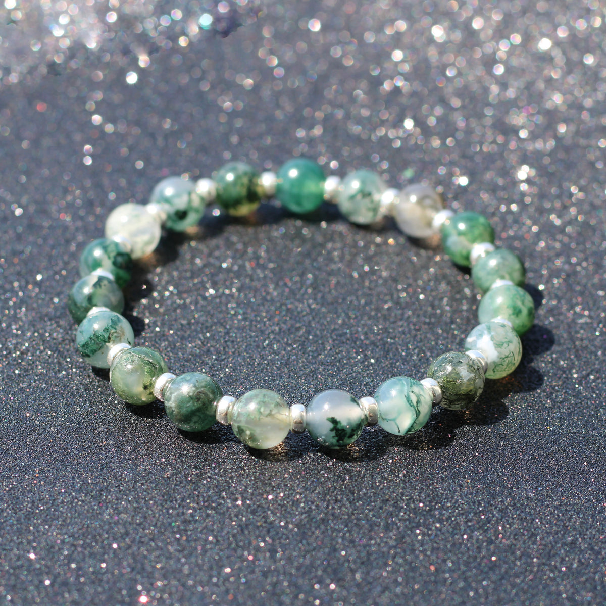 Moss Agate Power Bracelet With Sterling Silver & Tumble Stone