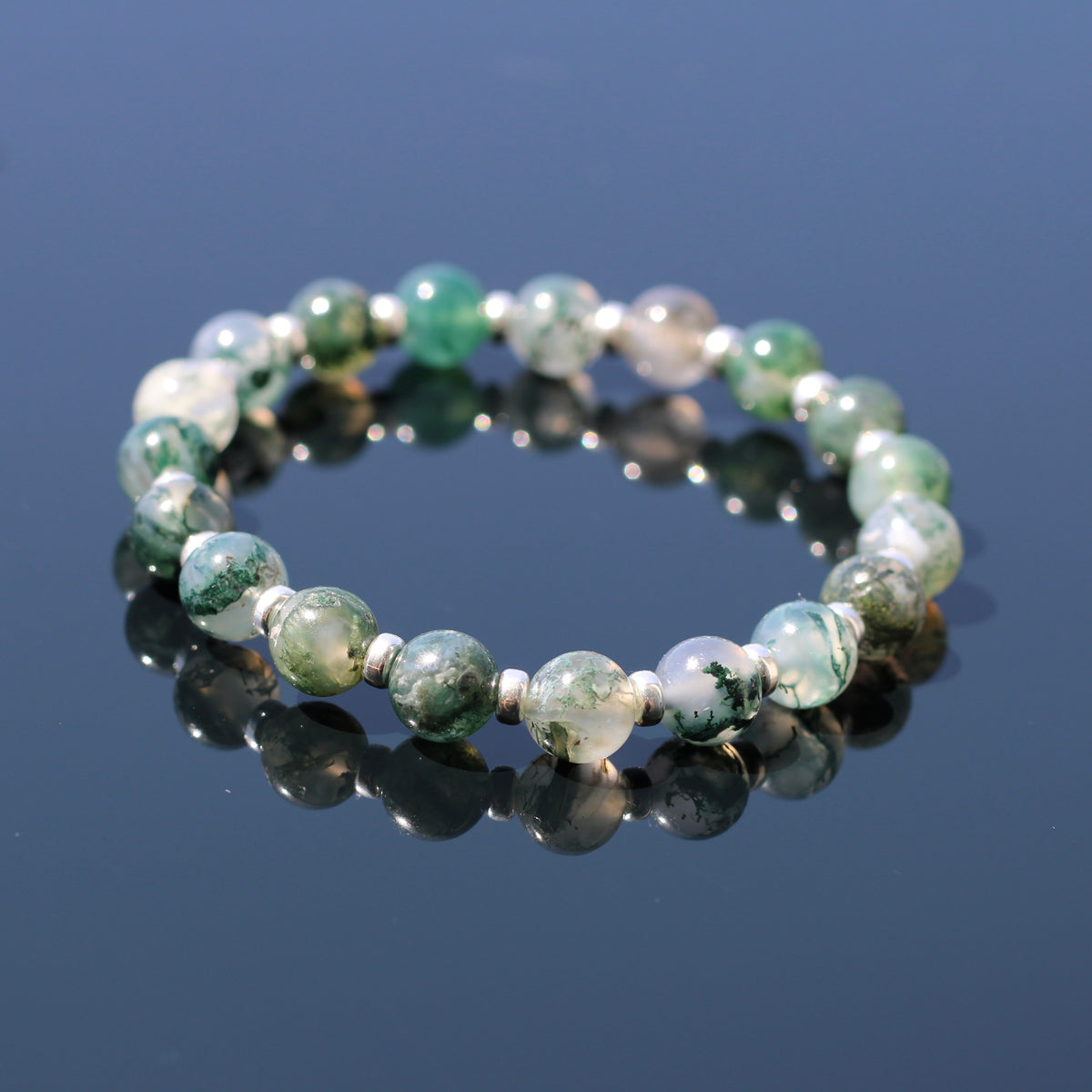 Moss Agate Power Bracelet With Sterling Silver & Tumble Stone