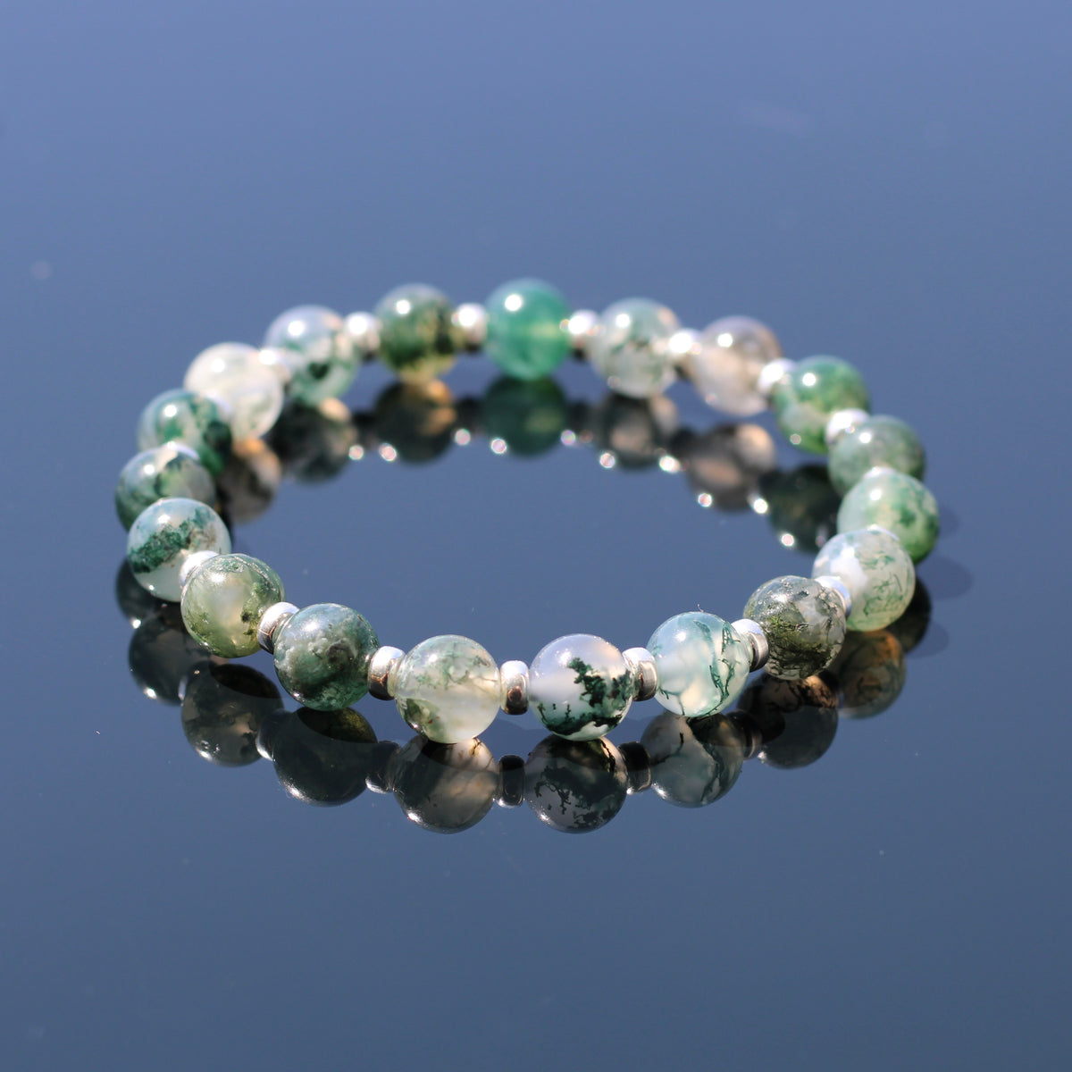 Moss Agate Power Bracelet With Sterling Silver & Tumble Stone
