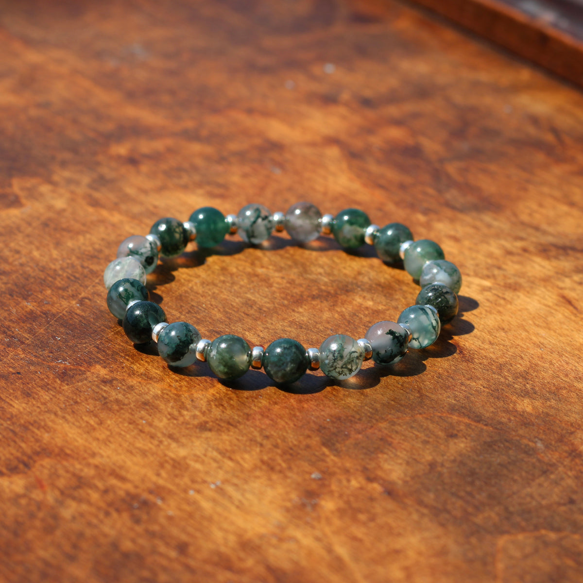 Moss Agate Power Bracelet With Sterling Silver & Tumble Stone