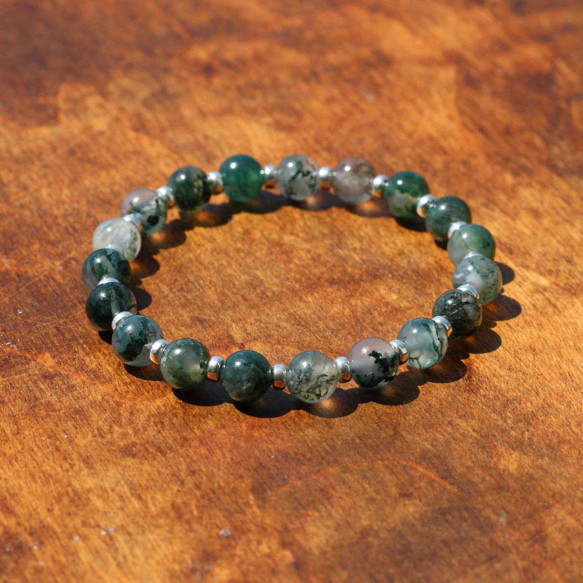 Moss Agate Power Bracelet With Sterling Silver & Tumble Stone