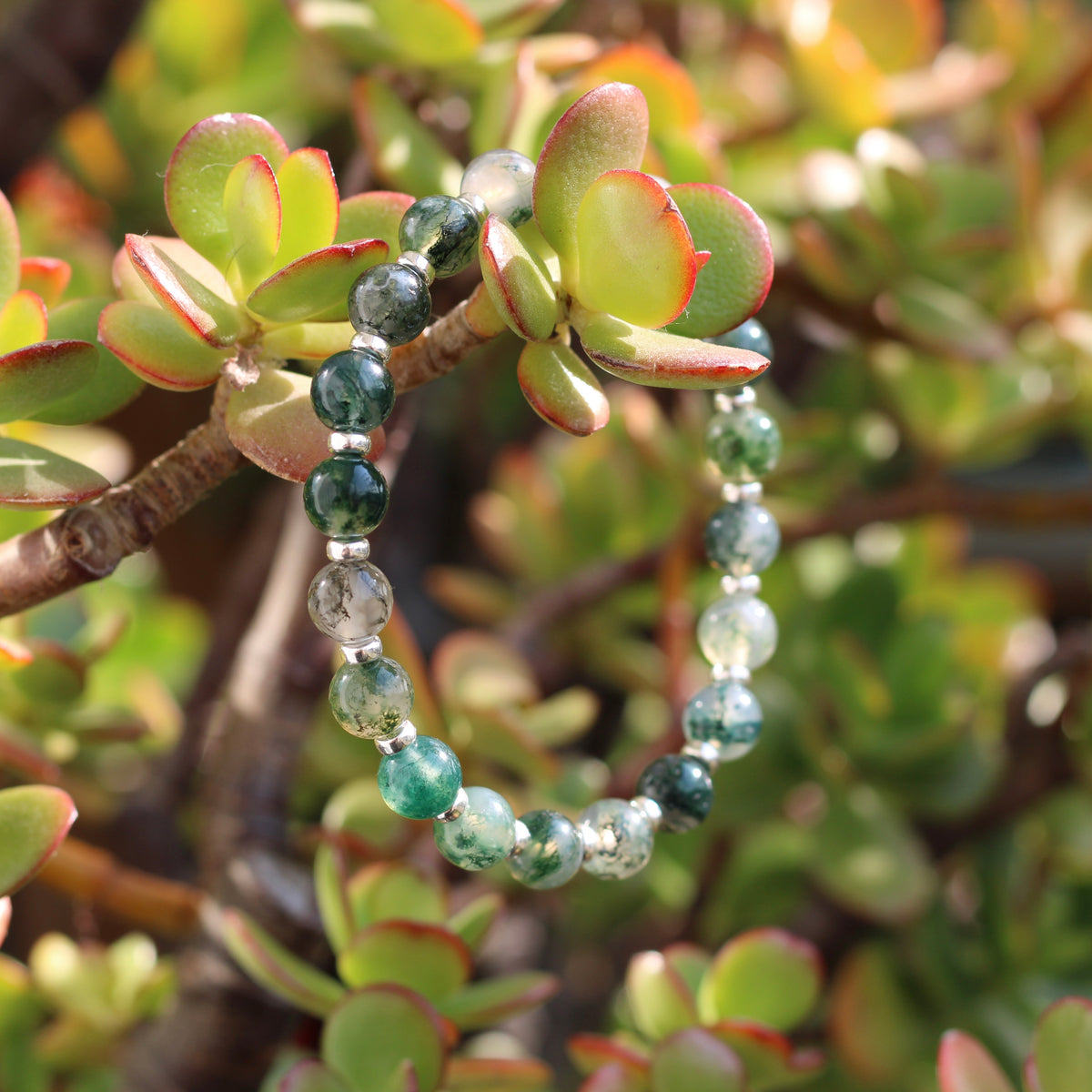 Moss Agate Power Bracelet With Sterling Silver & Tumble Stone