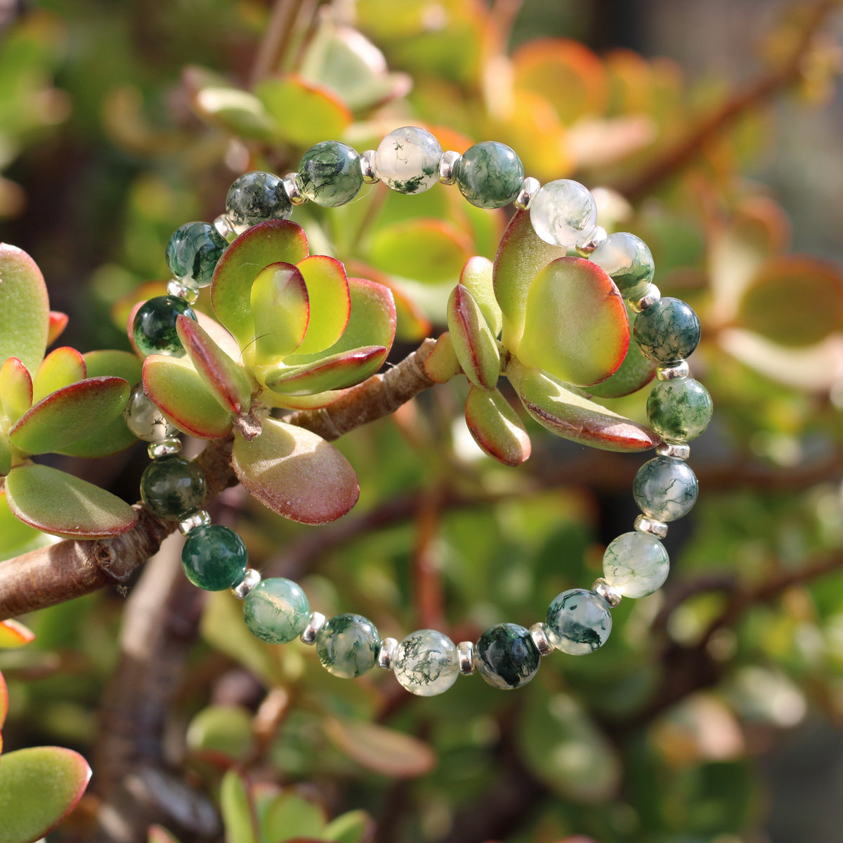 Moss Agate Power Bracelet With Sterling Silver & Tumble Stone