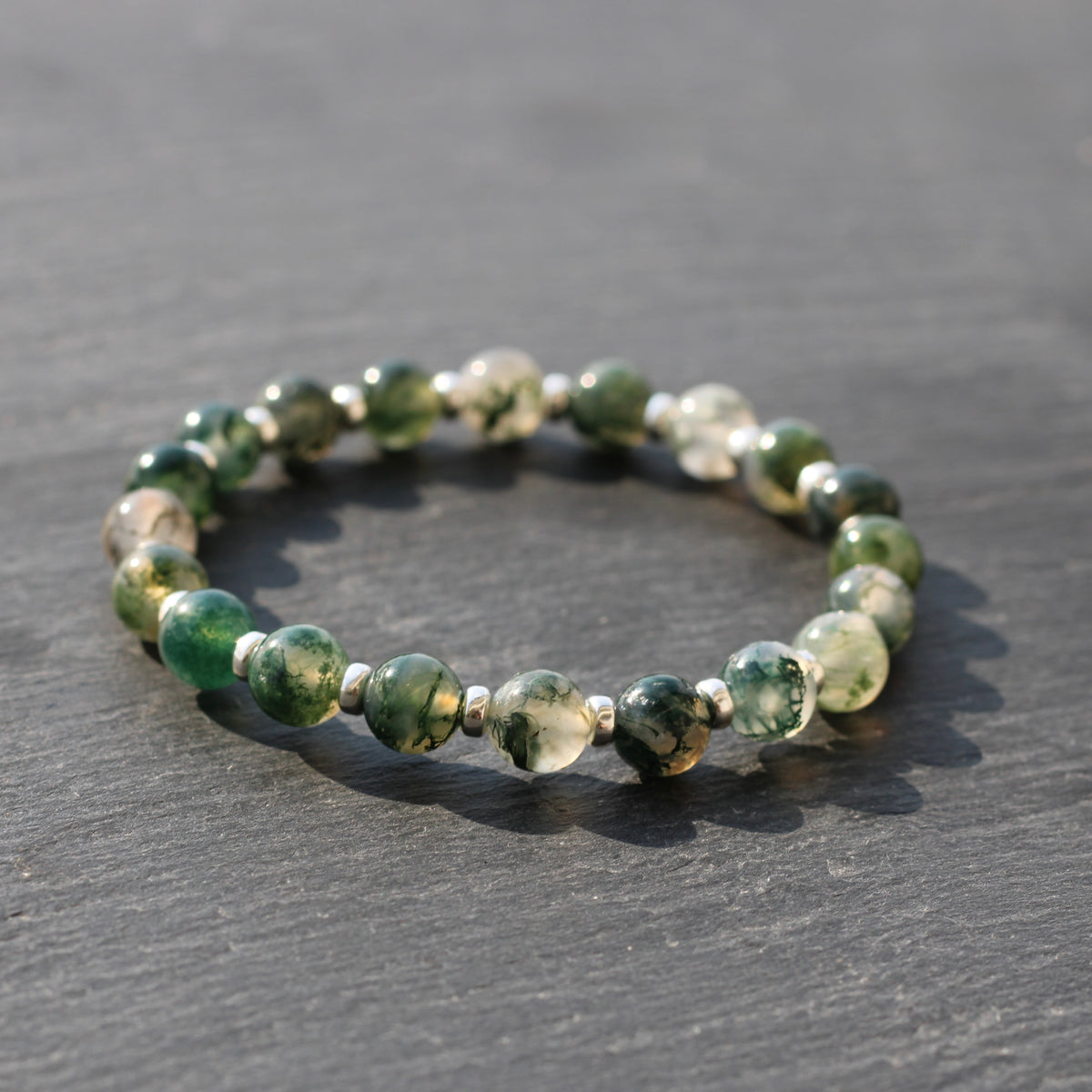 Moss Agate Power Bracelet With Sterling Silver & Tumble Stone