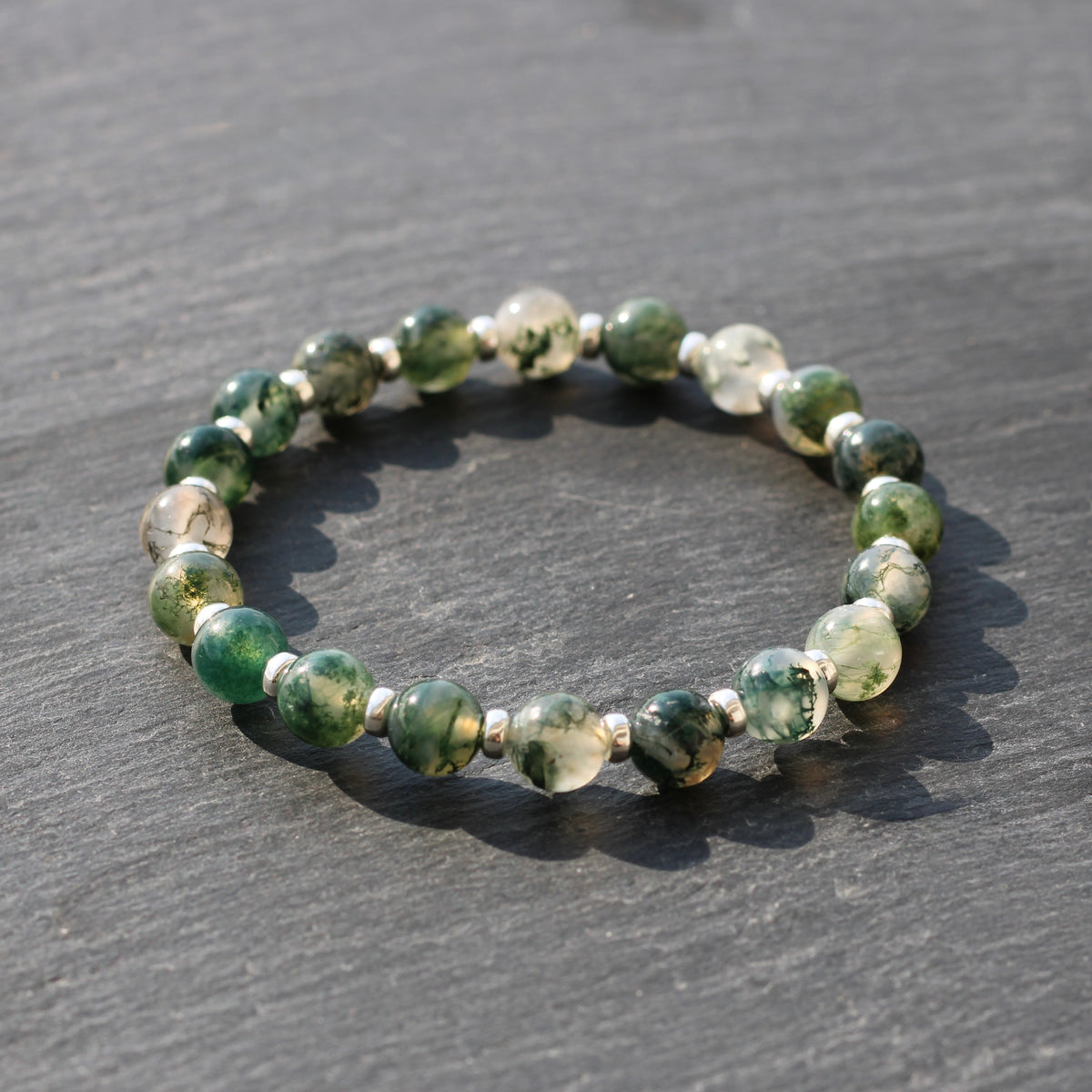 Moss Agate Power Bracelet With Sterling Silver & Tumble Stone