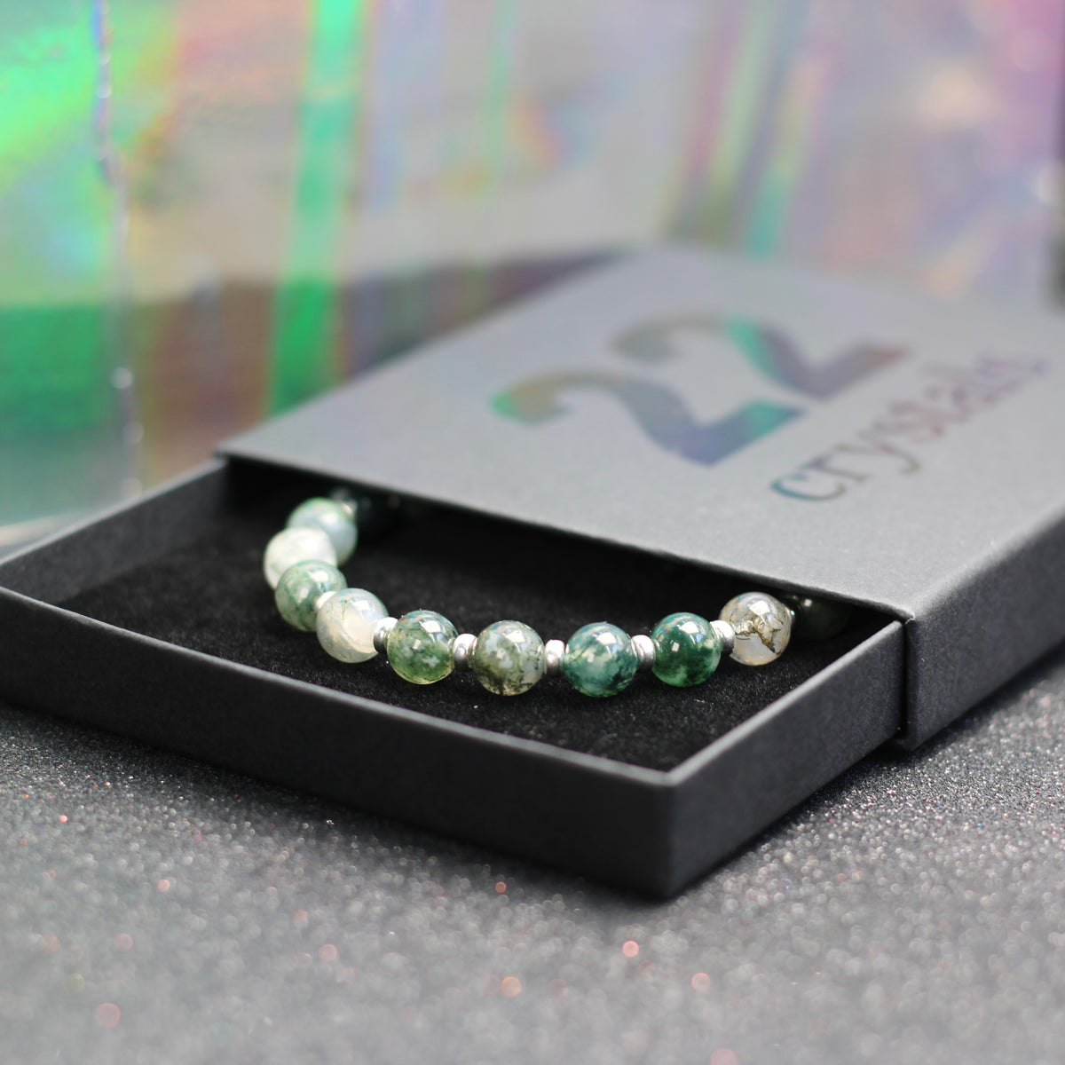 Moss Agate Power Bracelet With Sterling Silver & Tumble Stone