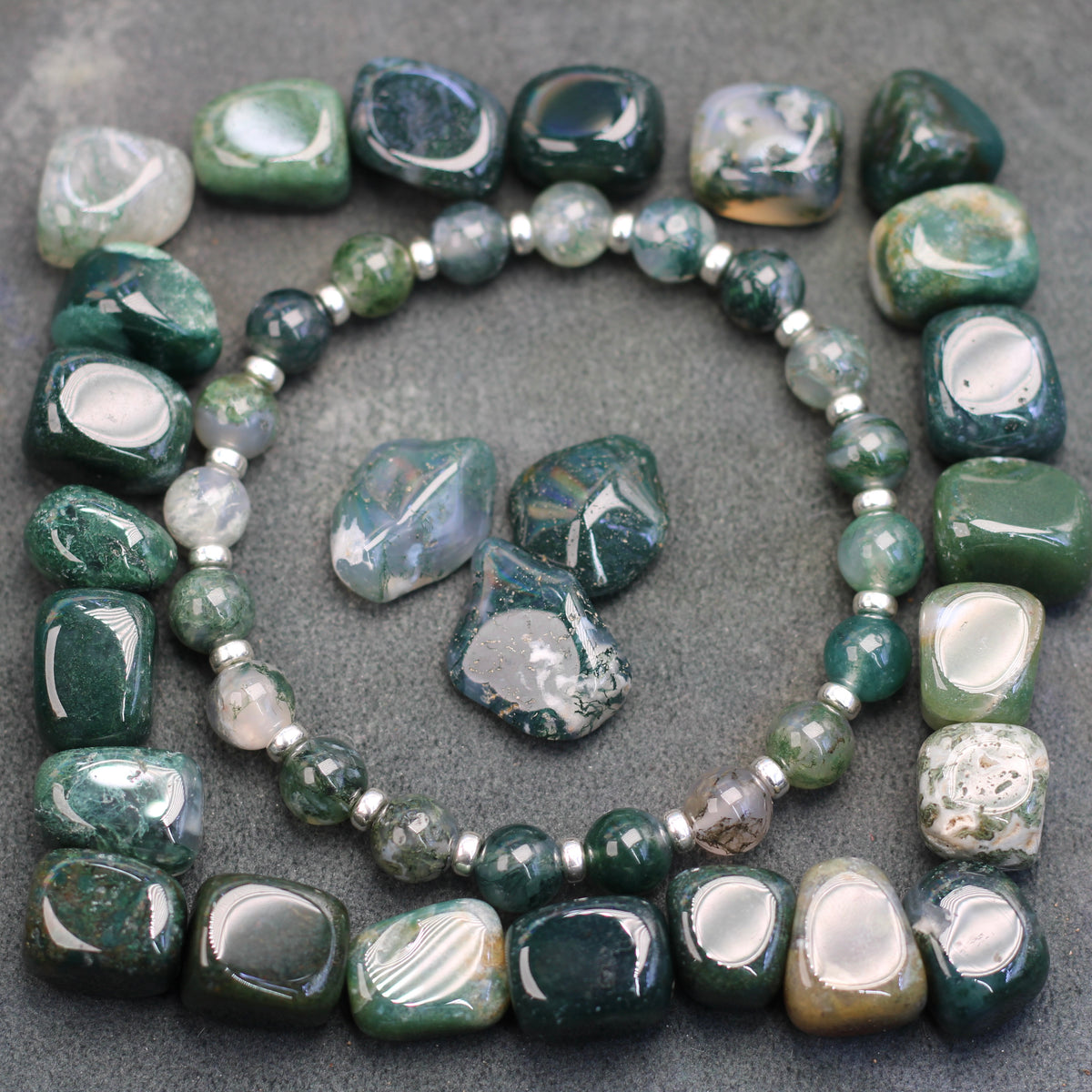 Moss Agate Power Bracelet With Sterling Silver & Tumble Stone