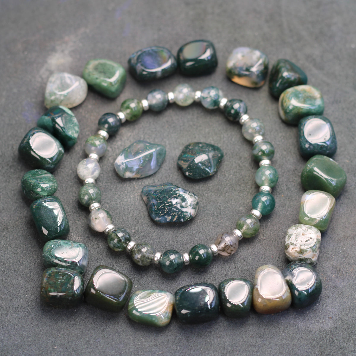 Moss Agate Power Bracelet With Sterling Silver & Tumble Stone