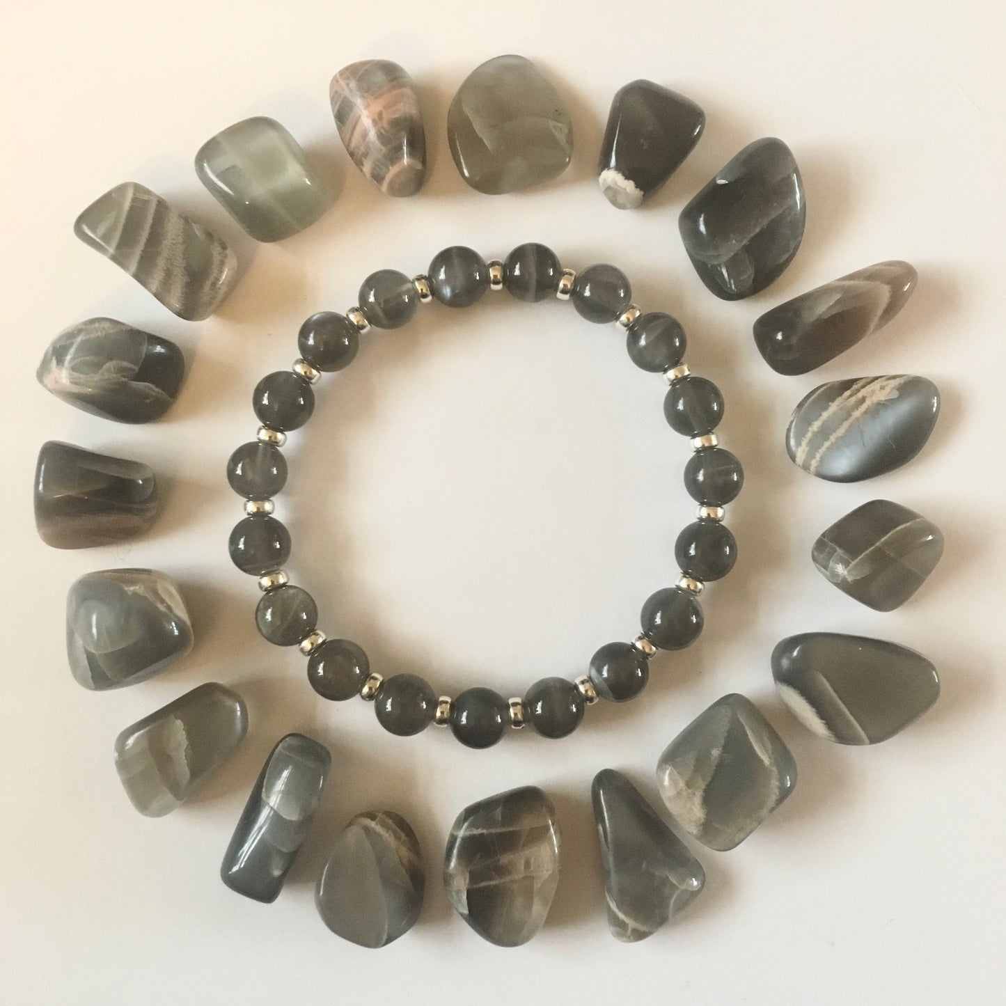 Black Moonstone Power Bracelet With Sterling Silver & Tumble Stone