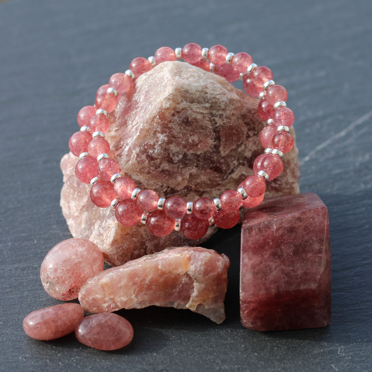 Strawberry Quartz AA Power Bracelet With Sterling Silver & Tumble Stone