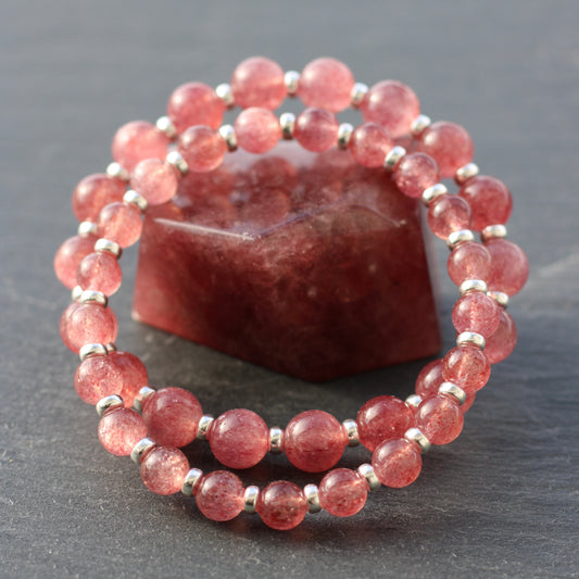 Strawberry Quartz AA Power Bracelet With Sterling Silver & Tumble Stone
