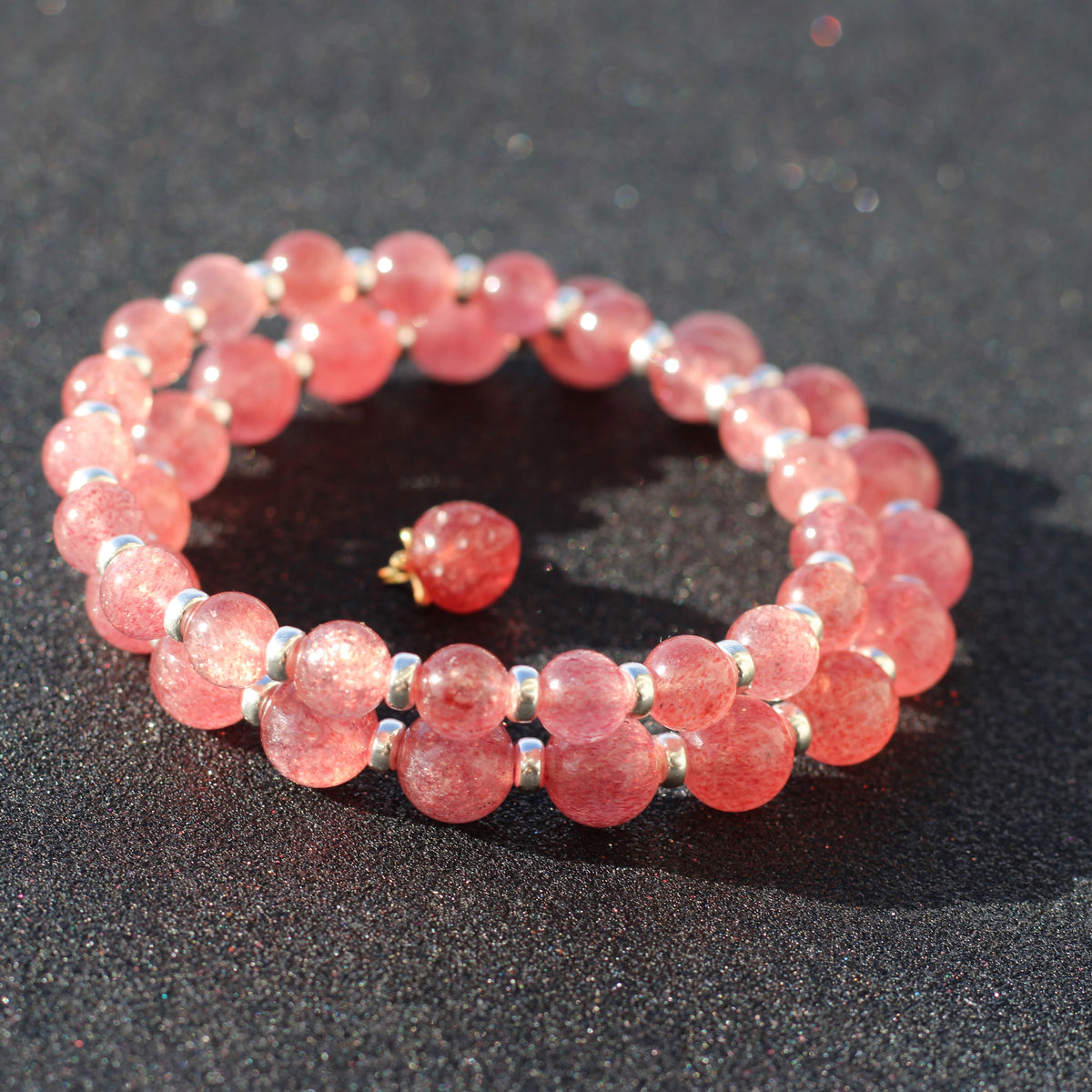 Strawberry Quartz AA Power Bracelet With Sterling Silver & Tumble Stone