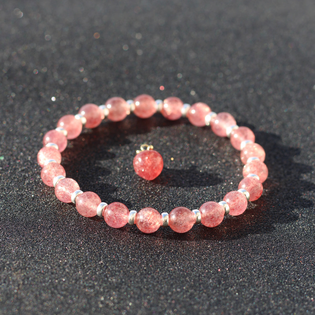 Strawberry Quartz AA Power Bracelet With Sterling Silver & Tumble Stone