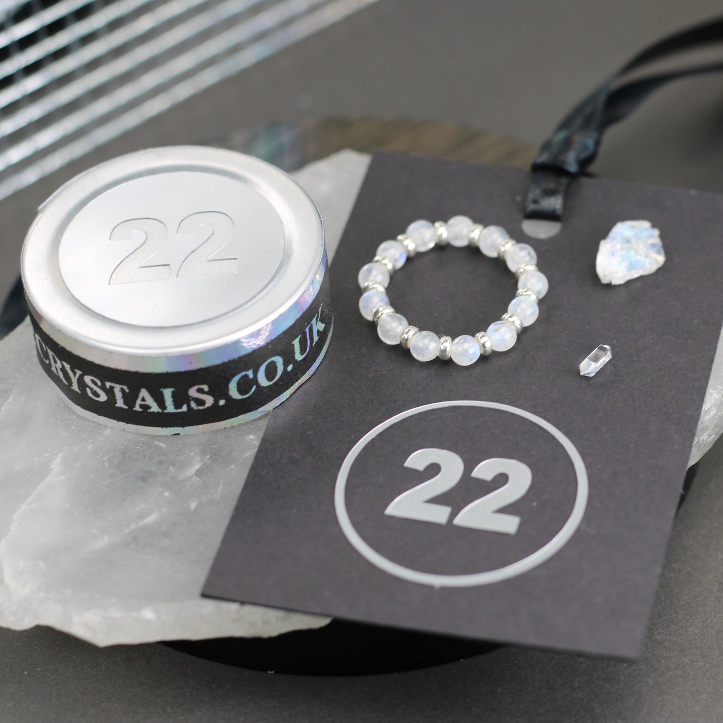 Rainbow Moonstone RING With Silver. Presented With A Tin, A Tag & A Herkimer Diamond