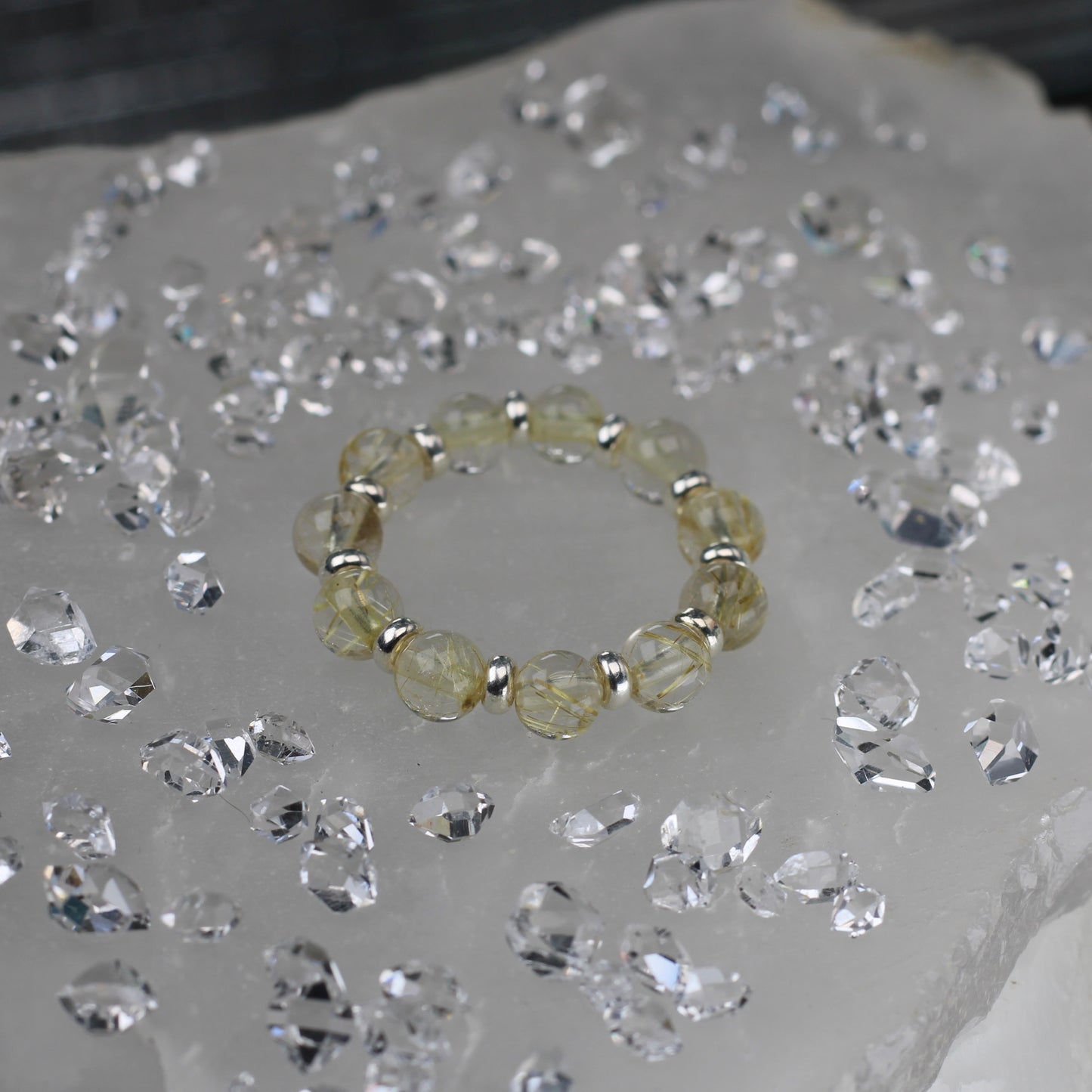 Golden Rutilated Quartz RING With Silver. Presented With A Tin, A Tag & A Herkimer Diamond