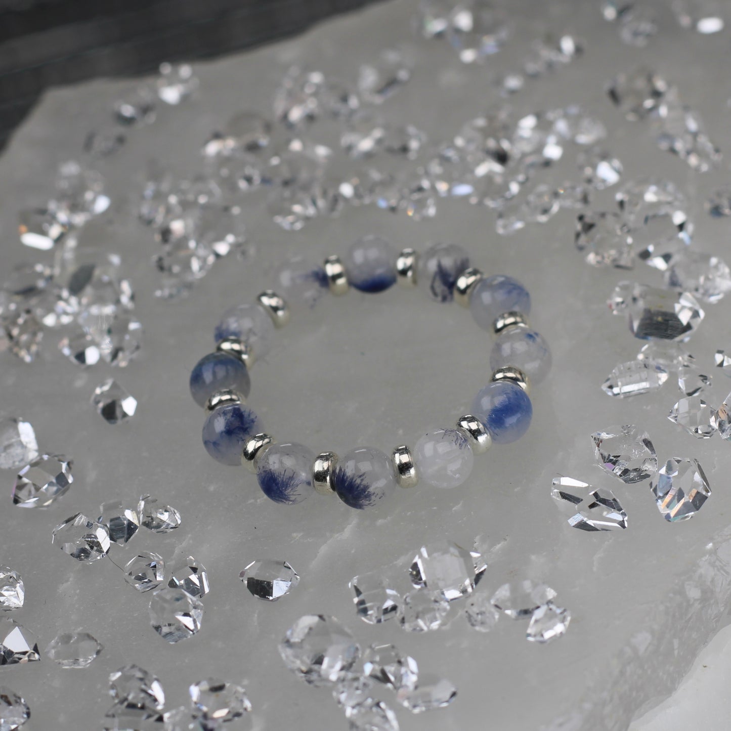 Dumortierite In Quartz RING With Silver. Presented With A Tin, A Tag & A Herkimer Diamond
