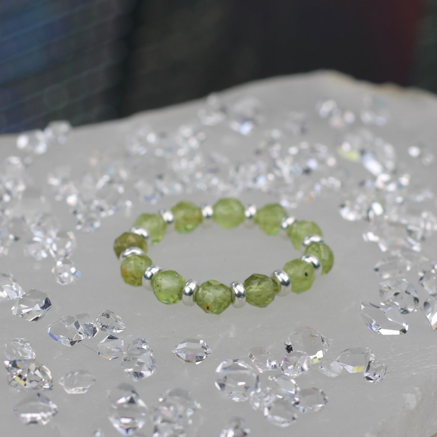 Peridot RING With Silver. Presented With A Tin, A Tag & A Herkimer Diamond