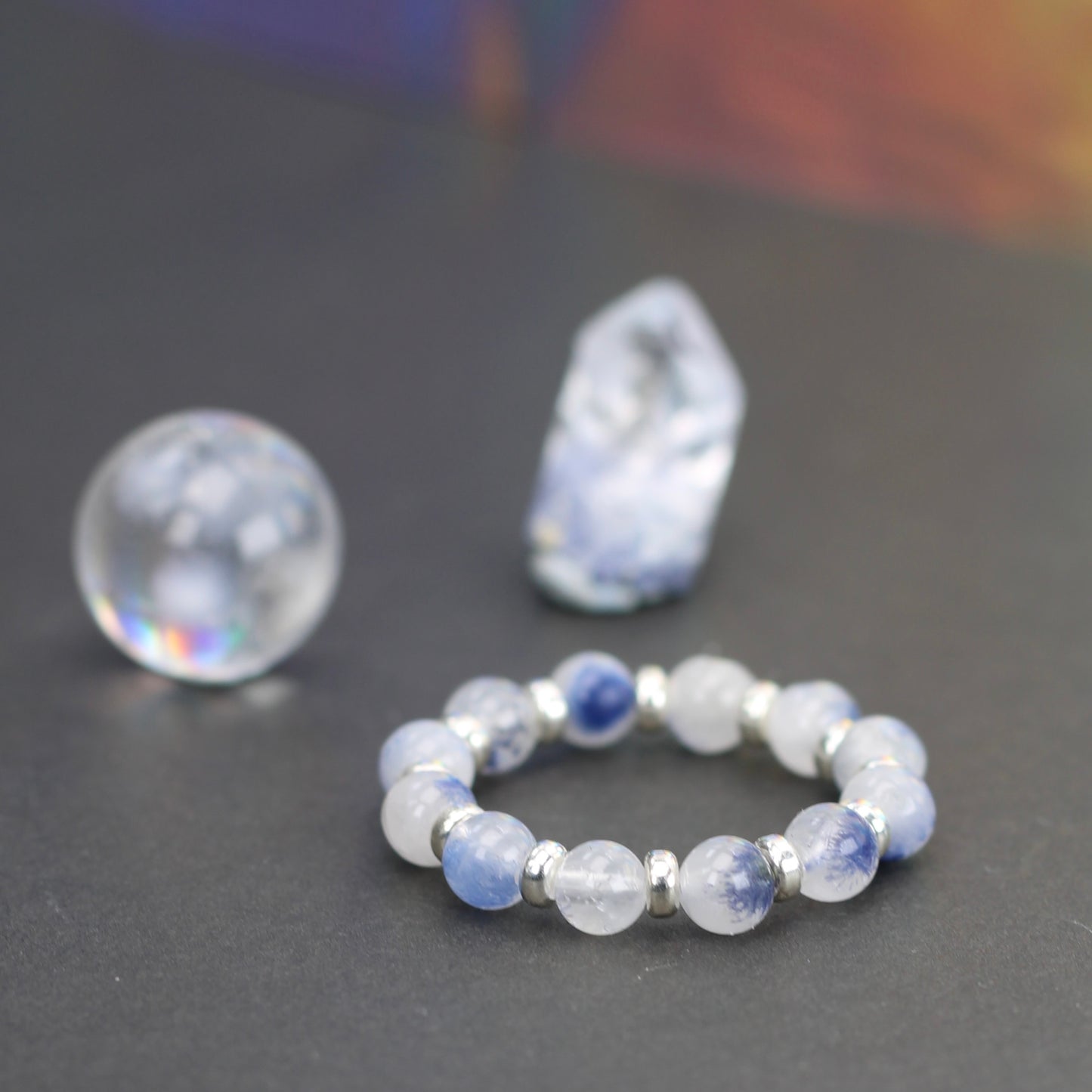 Dumortierite In Quartz RING With Silver. Presented With A Tin, A Tag & A Herkimer Diamond