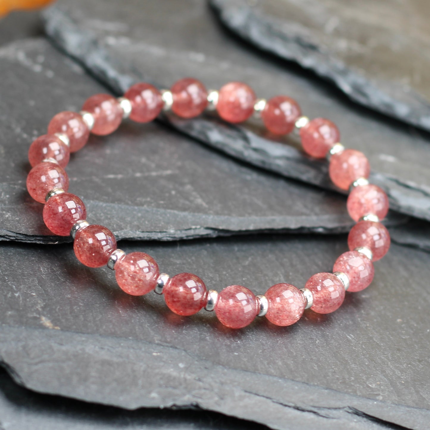 Strawberry Quartz AA Power Bracelet With Sterling Silver & Tumble Stone