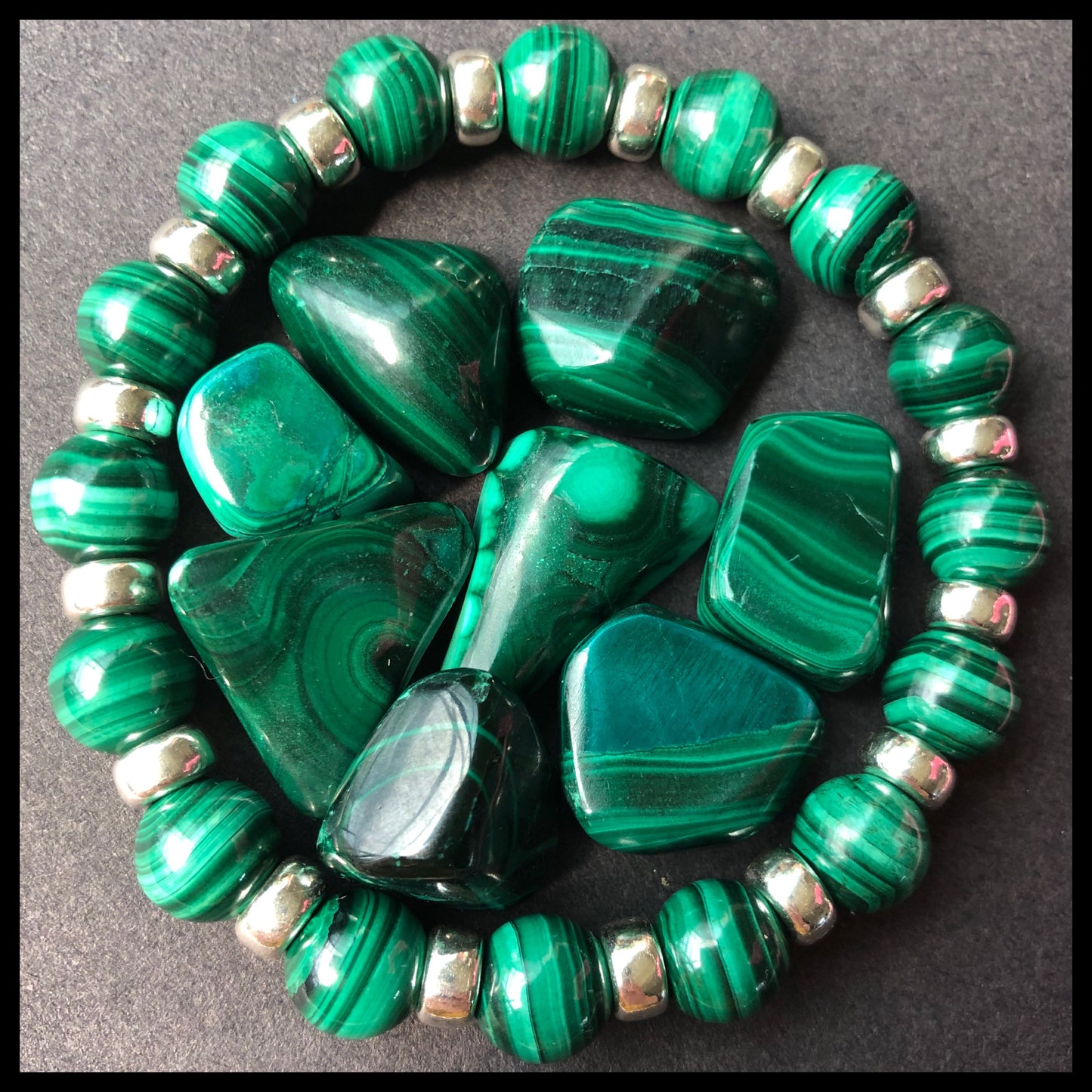 Malachite Chunky Power Bracelet With Sterling Silver & Tumble Stone