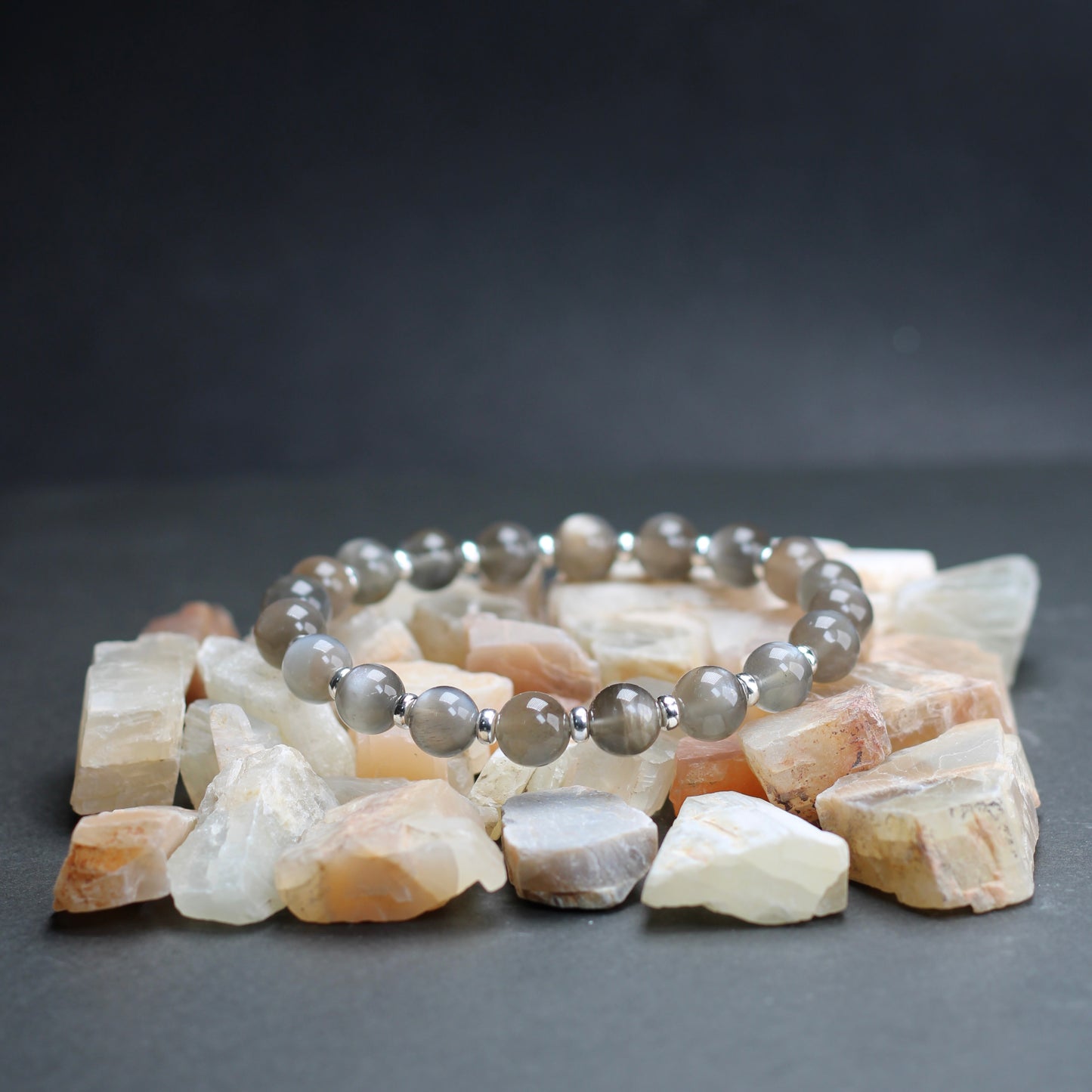 Black Moonstone Power Bracelet With Sterling Silver & Tumble Stone