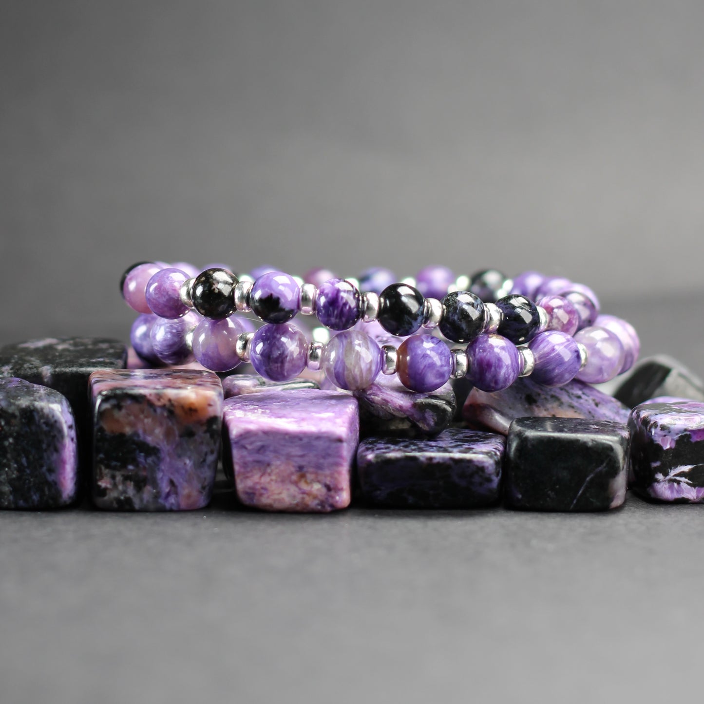 Charoite & Aegirine Power Bracelet With Sterling Silver & Tumble Stone