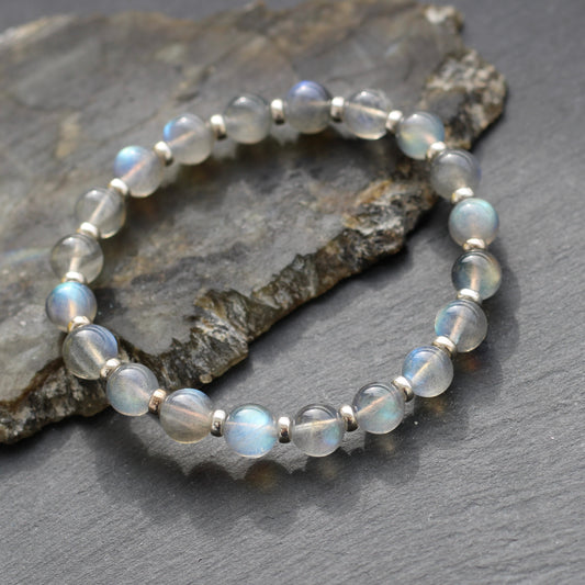 Labradorite Light AA Power Bracelet With Sterling Silver & Free Labradorite Tumble Stone