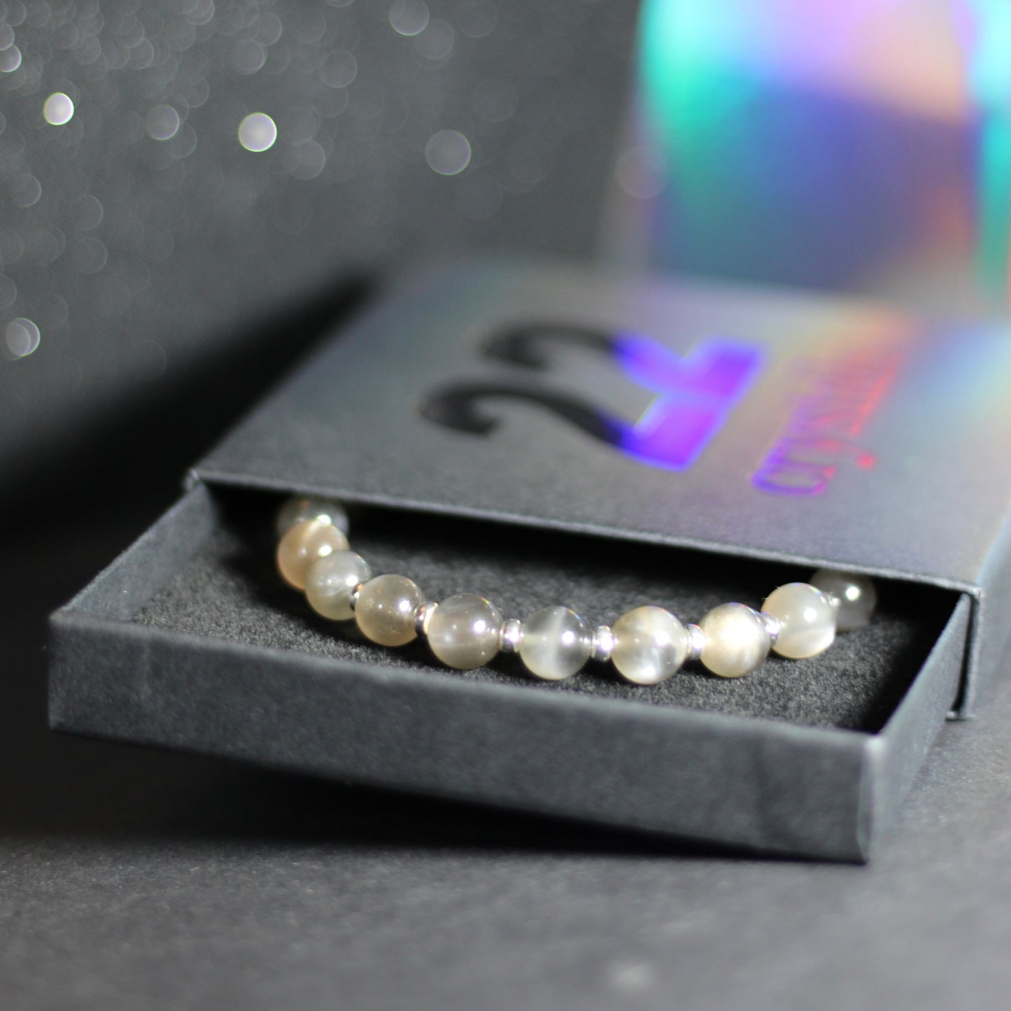 Black Moonstone Power Bracelet With Sterling Silver & Tumble Stone