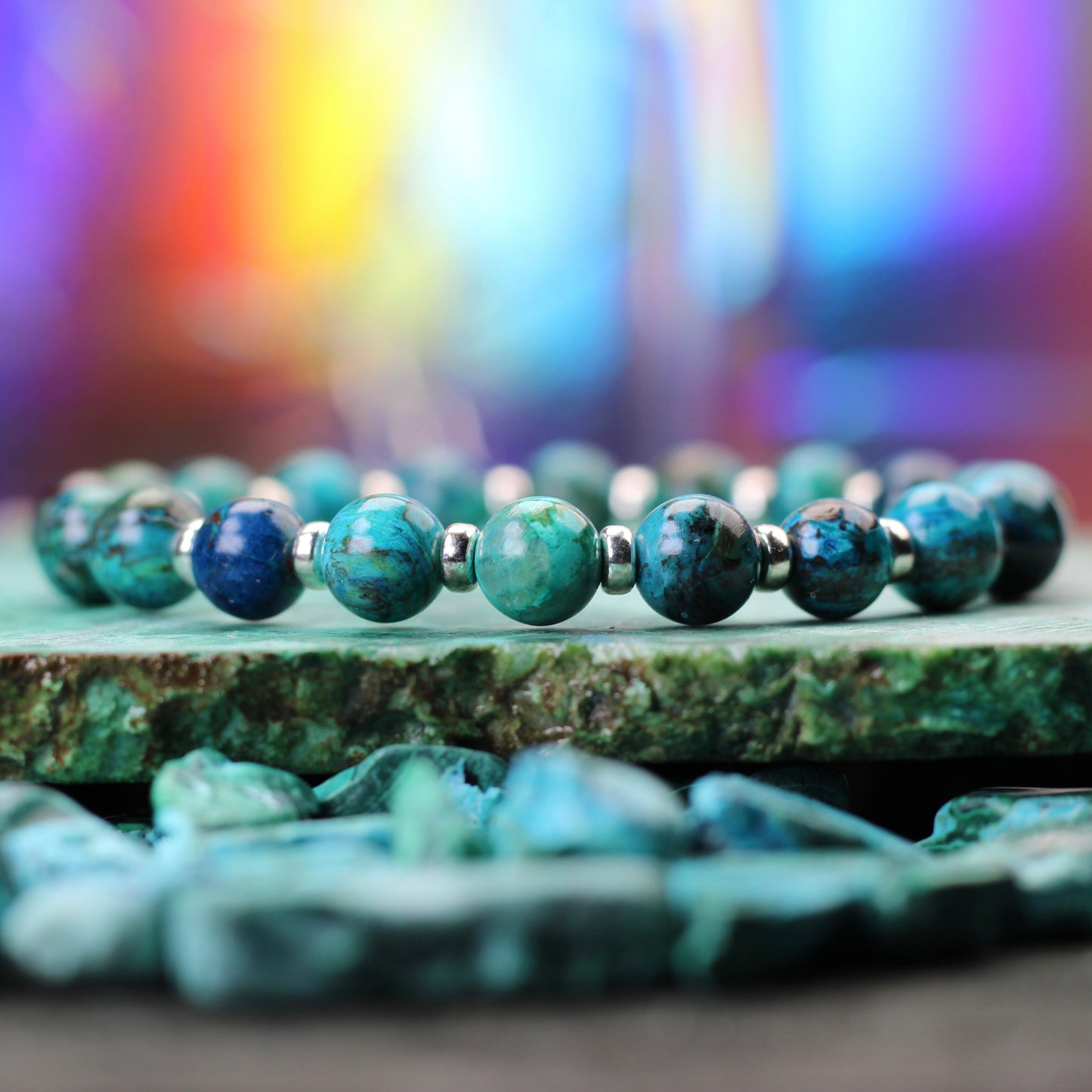 Chrysocolla & Azurite Power Bracelet With Sterling Silver & Tumble Stone