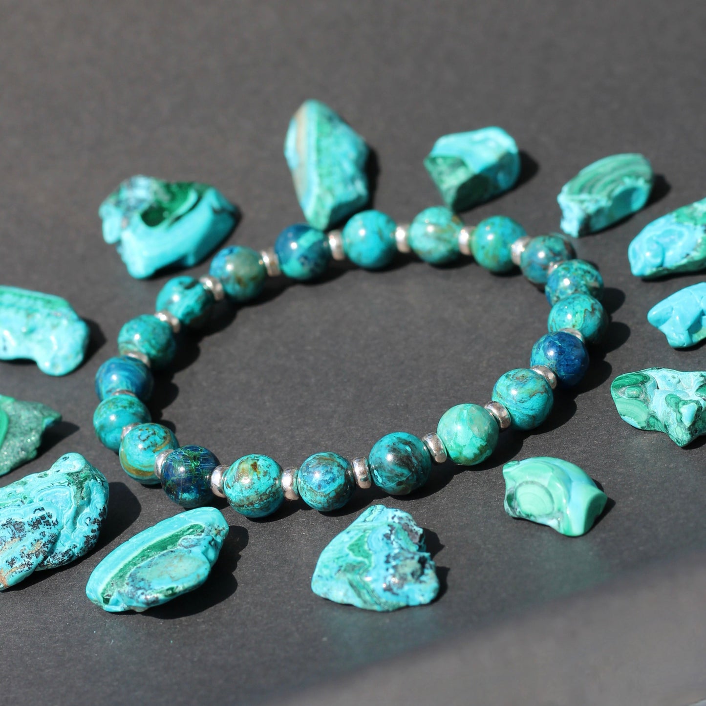 Chrysocolla & Azurite Power Bracelet With Sterling Silver & Tumble Stone