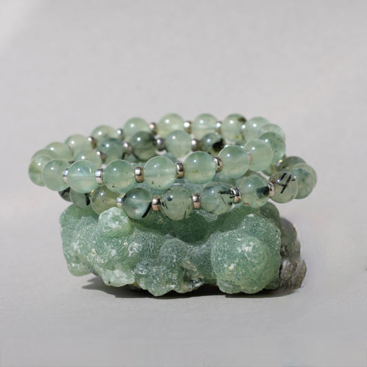 Prehnite With Epidote Power Bracelet With Sterling Silver & Prehnite Heart