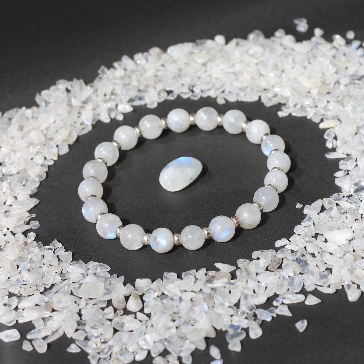 Rainbow Moonstone Power Bracelet With Sterling Silver & Tumble Stone