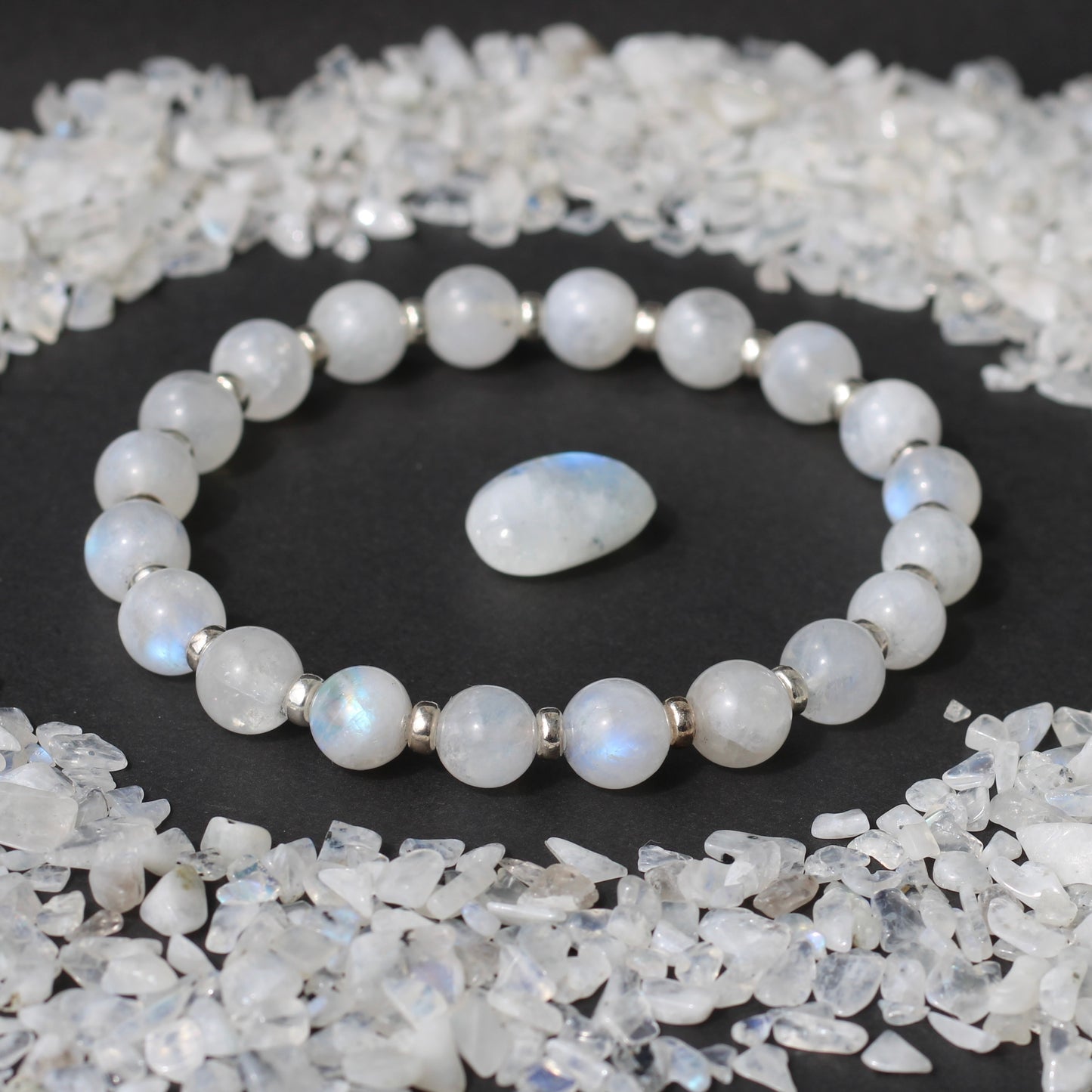 Rainbow Moonstone Power Bracelet With Sterling Silver & Tumble Stone