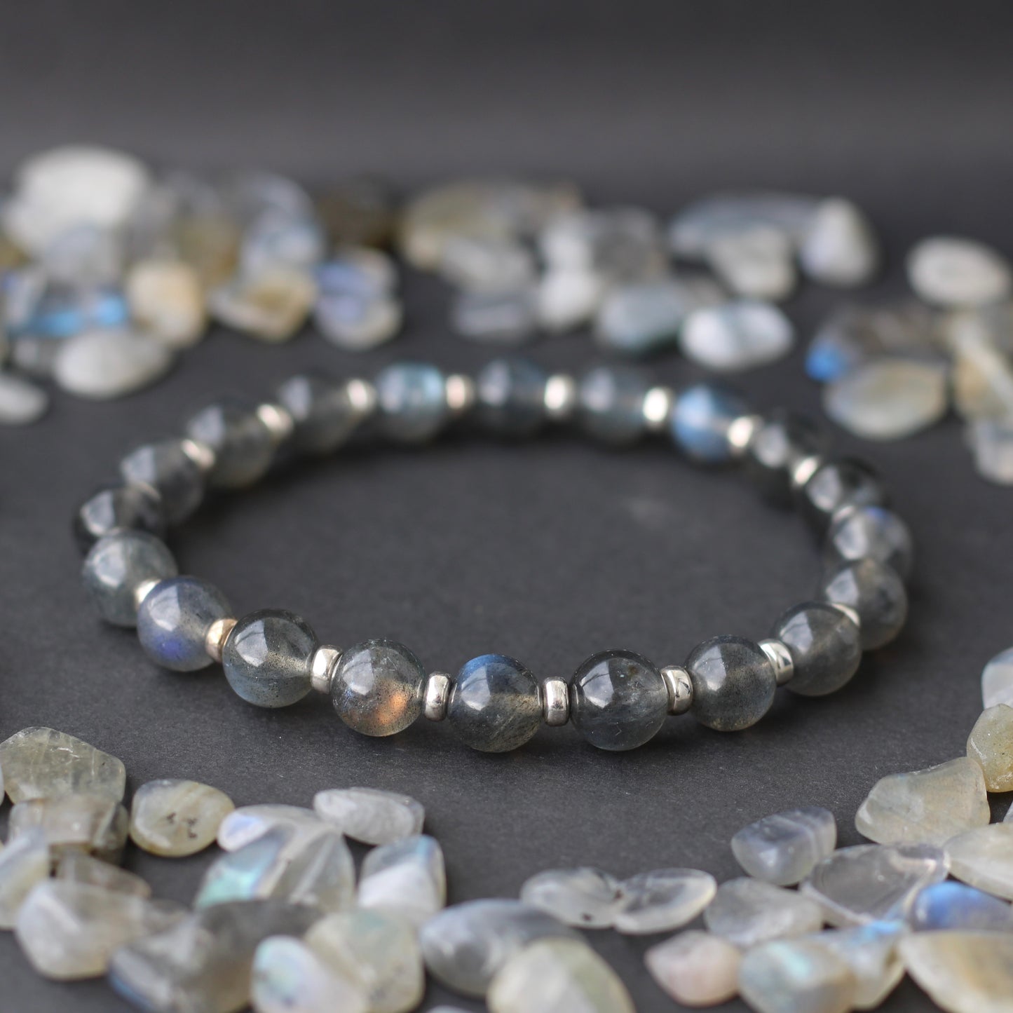 Labradorite Dark AA Power Bracelet With Sterling Silver & Labradorite Tumble Stone