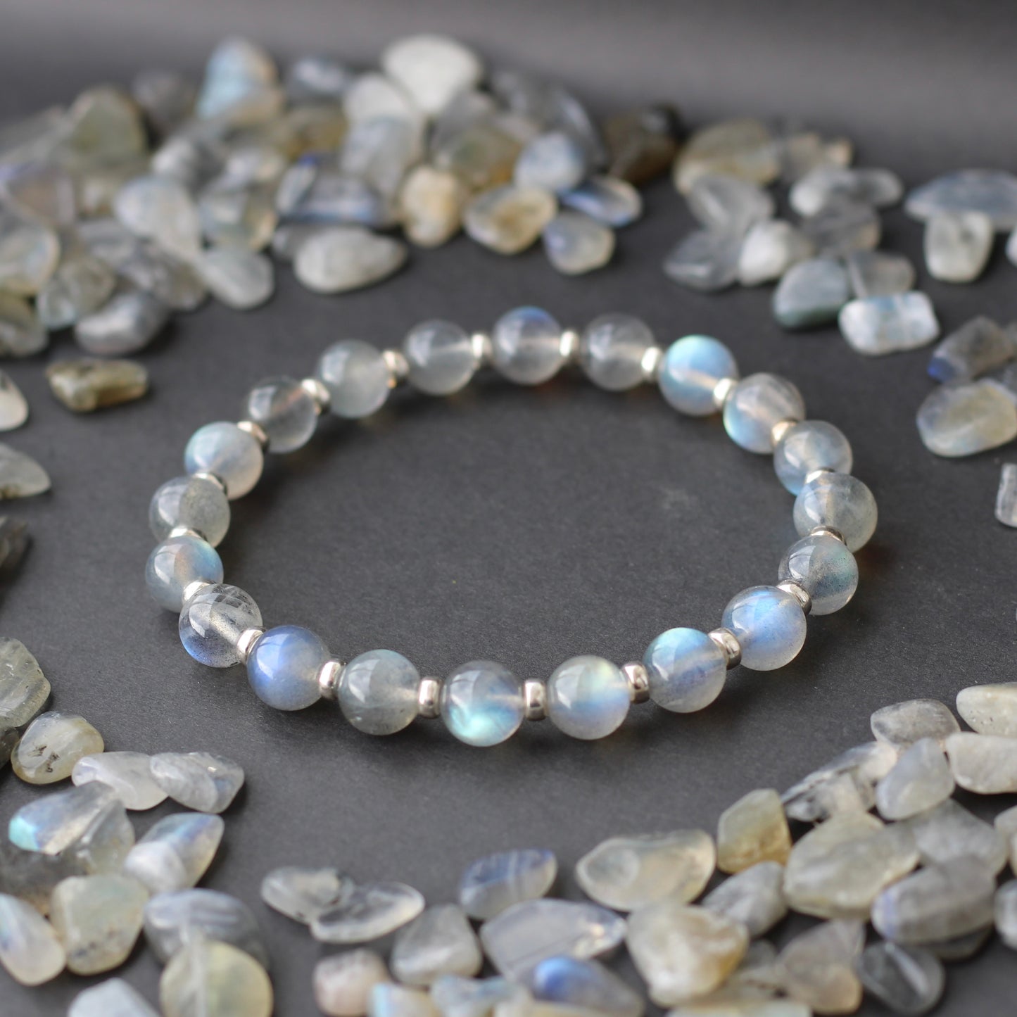 Labradorite Light AA Power Bracelet With Sterling Silver & Free Labradorite Tumble Stone