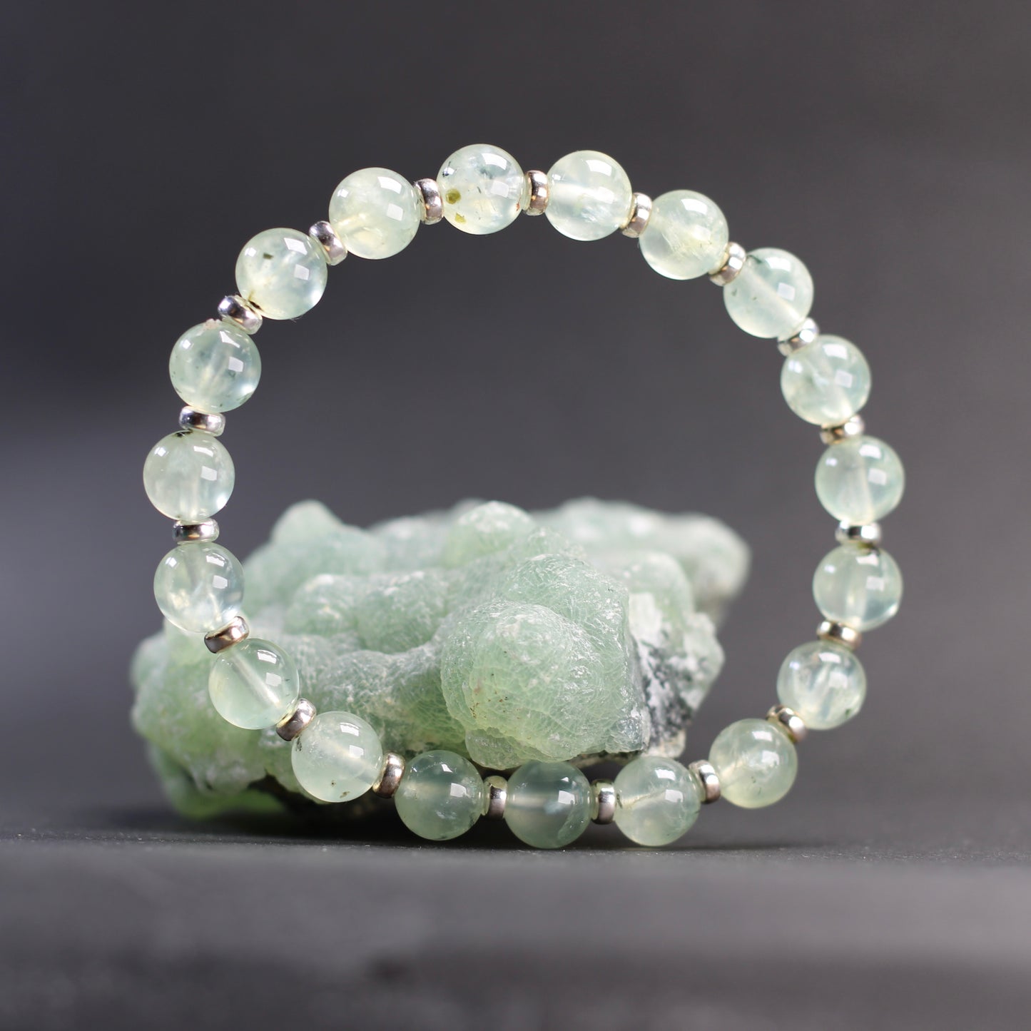 Prehnite With Epidote Power Bracelet With Sterling Silver & Prehnite Heart