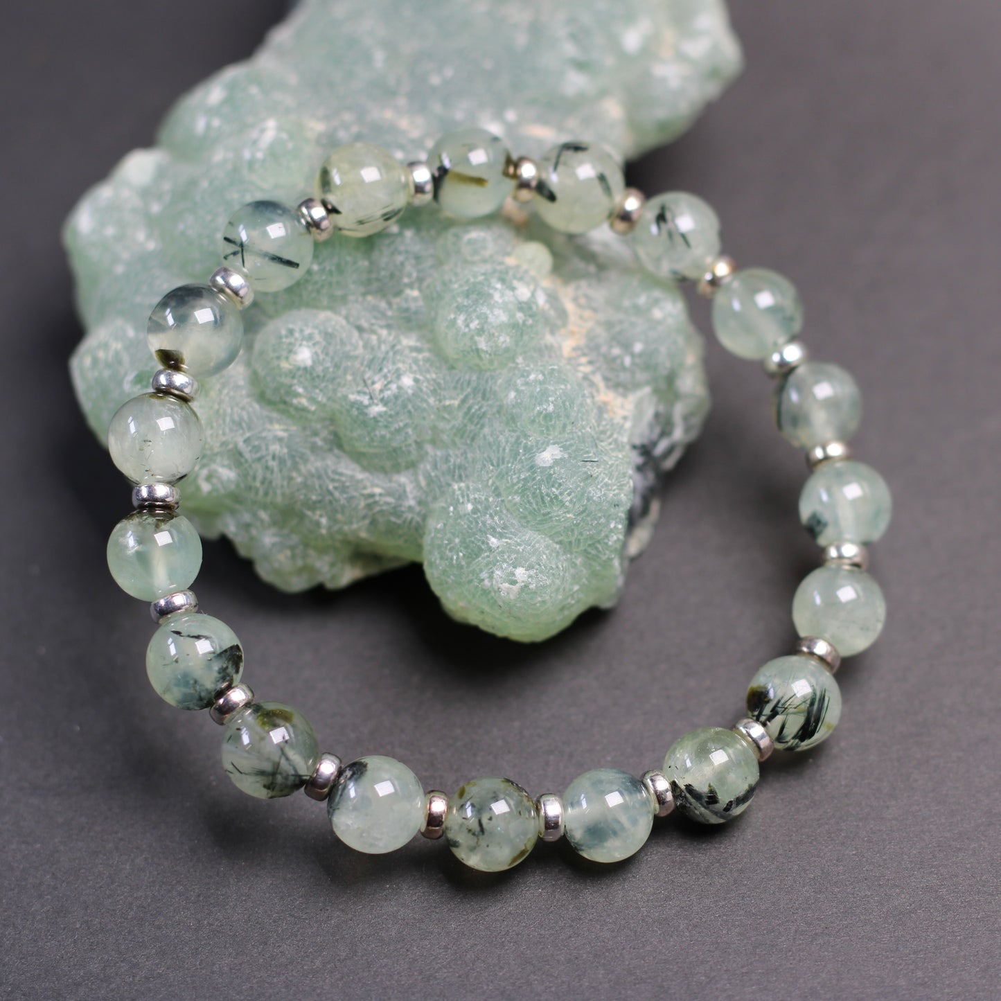 Prehnite With Epidote Power Bracelet With Sterling Silver & Prehnite Heart