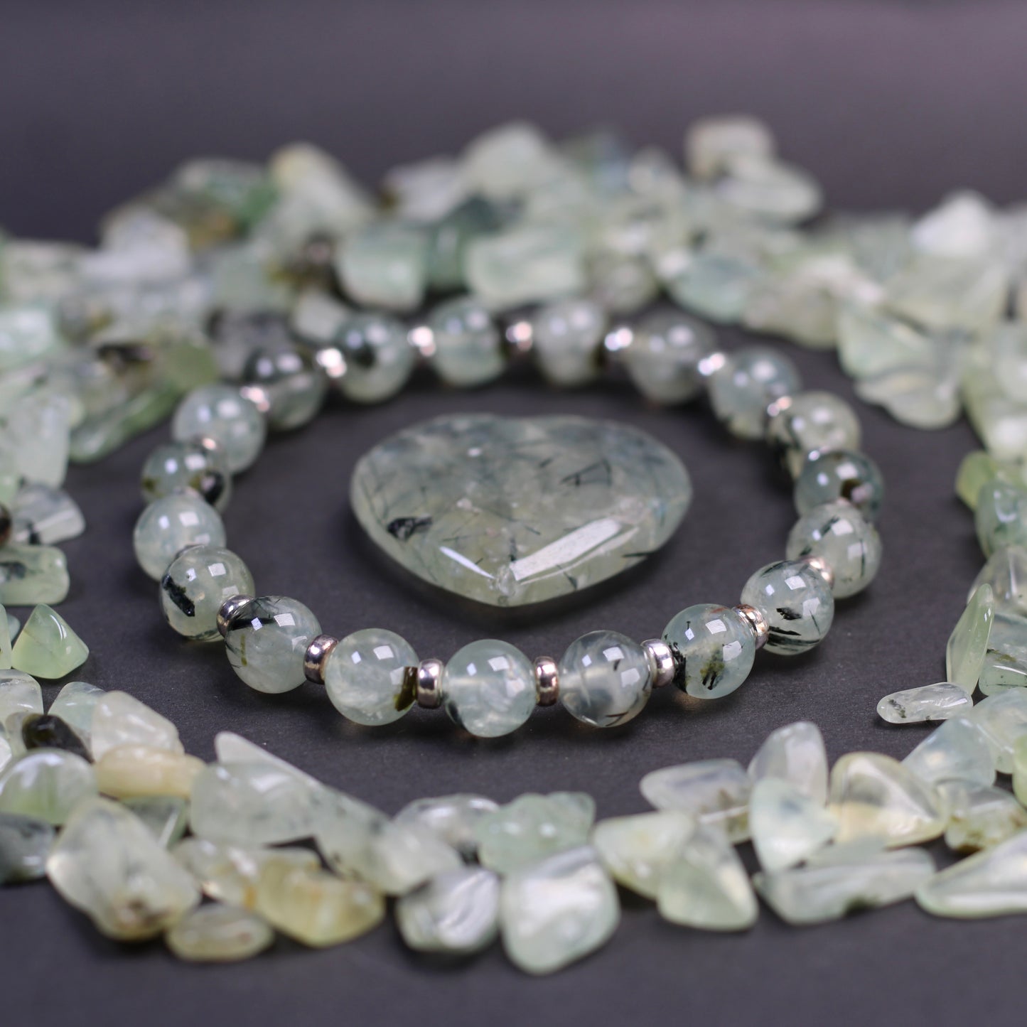 Prehnite With Epidote Power Bracelet With Sterling Silver & Prehnite Heart