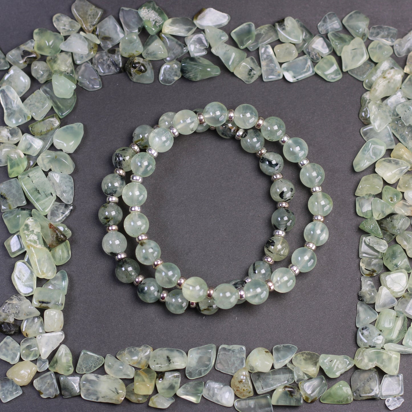 Prehnite With Epidote Power Bracelet With Sterling Silver & Prehnite Heart
