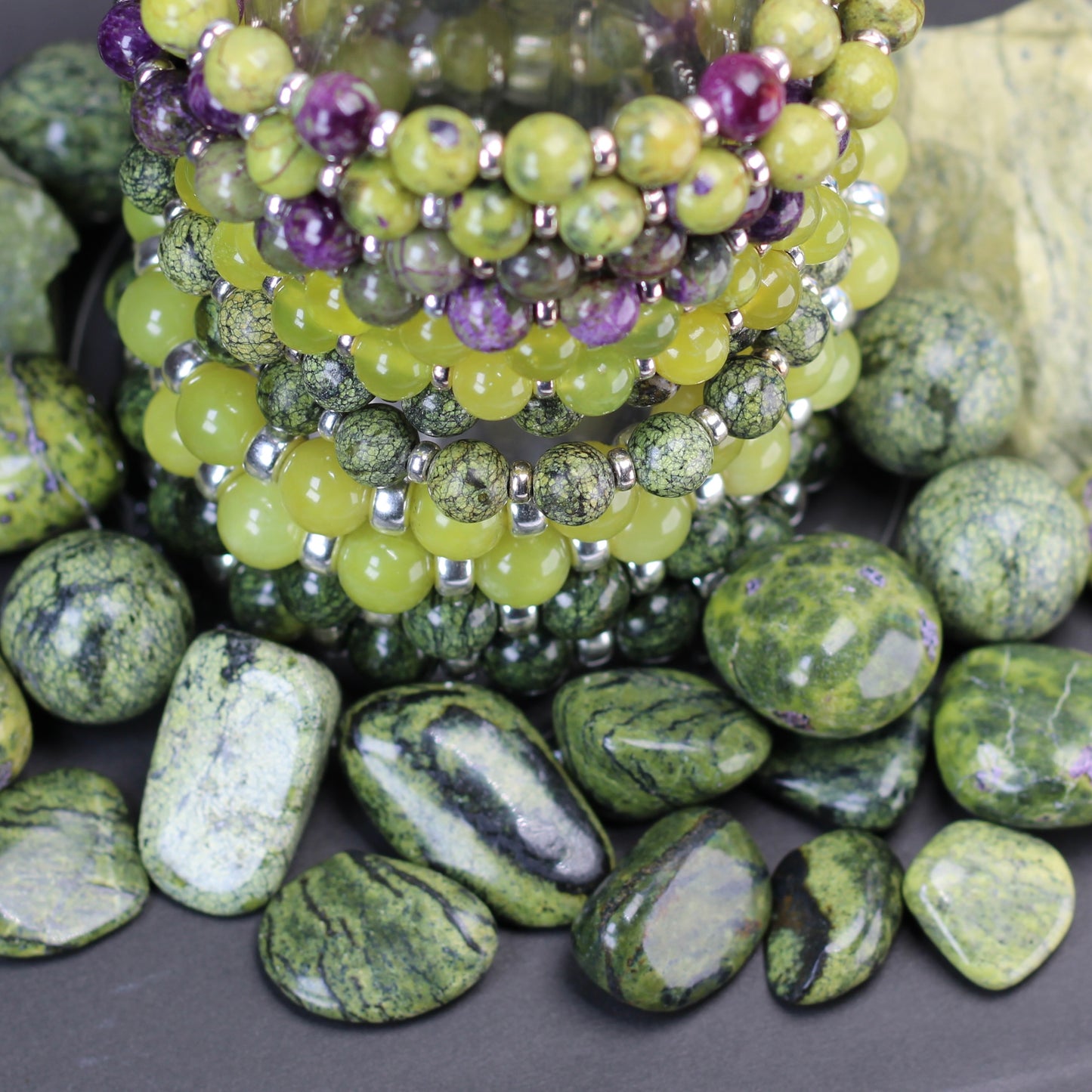 Serpentine Power Bracelet With Sterling Silver & Serpentine Tumble Stone