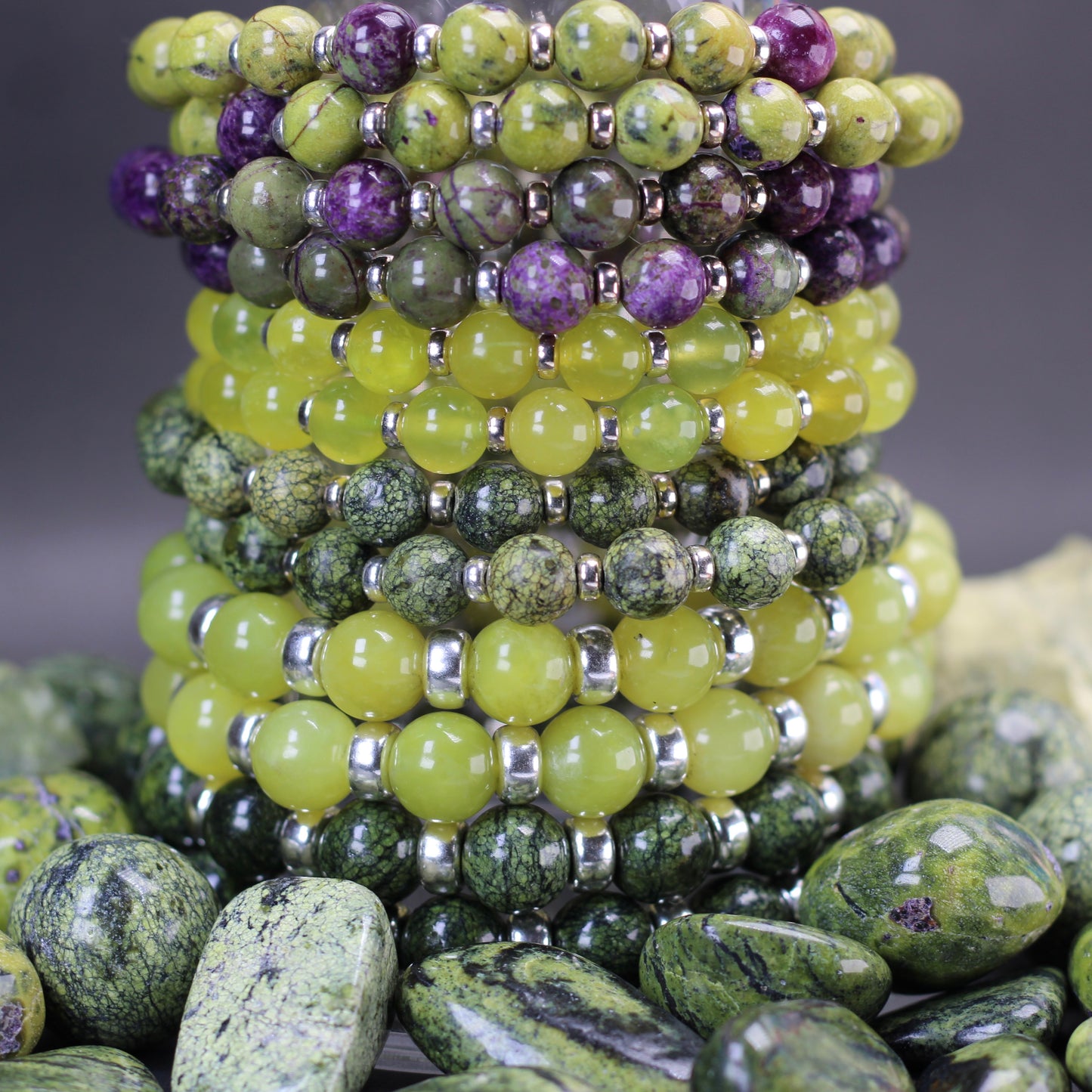 Olive Serpentine Power Bracelet With Sterling Silver & Healerite Tumble Stone