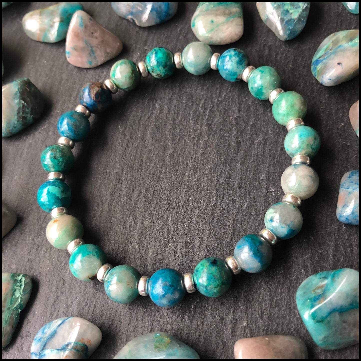 High Grade Chrysocolla Power Bracelets With Sterling Silver & Quantum Quattro Tumble Stone