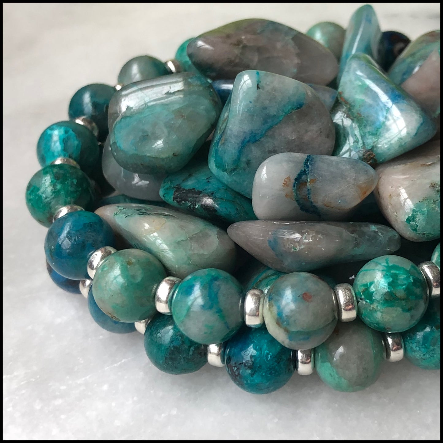 High Grade Chrysocolla Power Bracelets With Sterling Silver & Quantum Quattro Tumble Stone