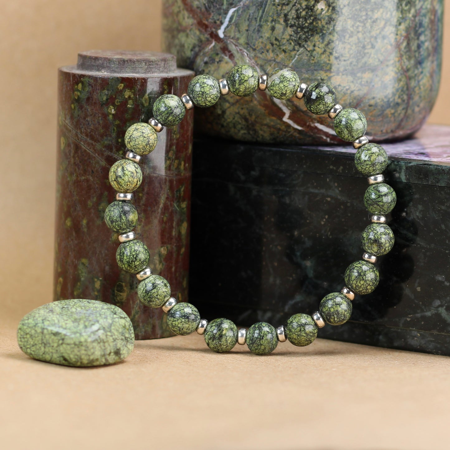 Serpentine Power Bracelet With Sterling Silver & Serpentine Tumble Stone