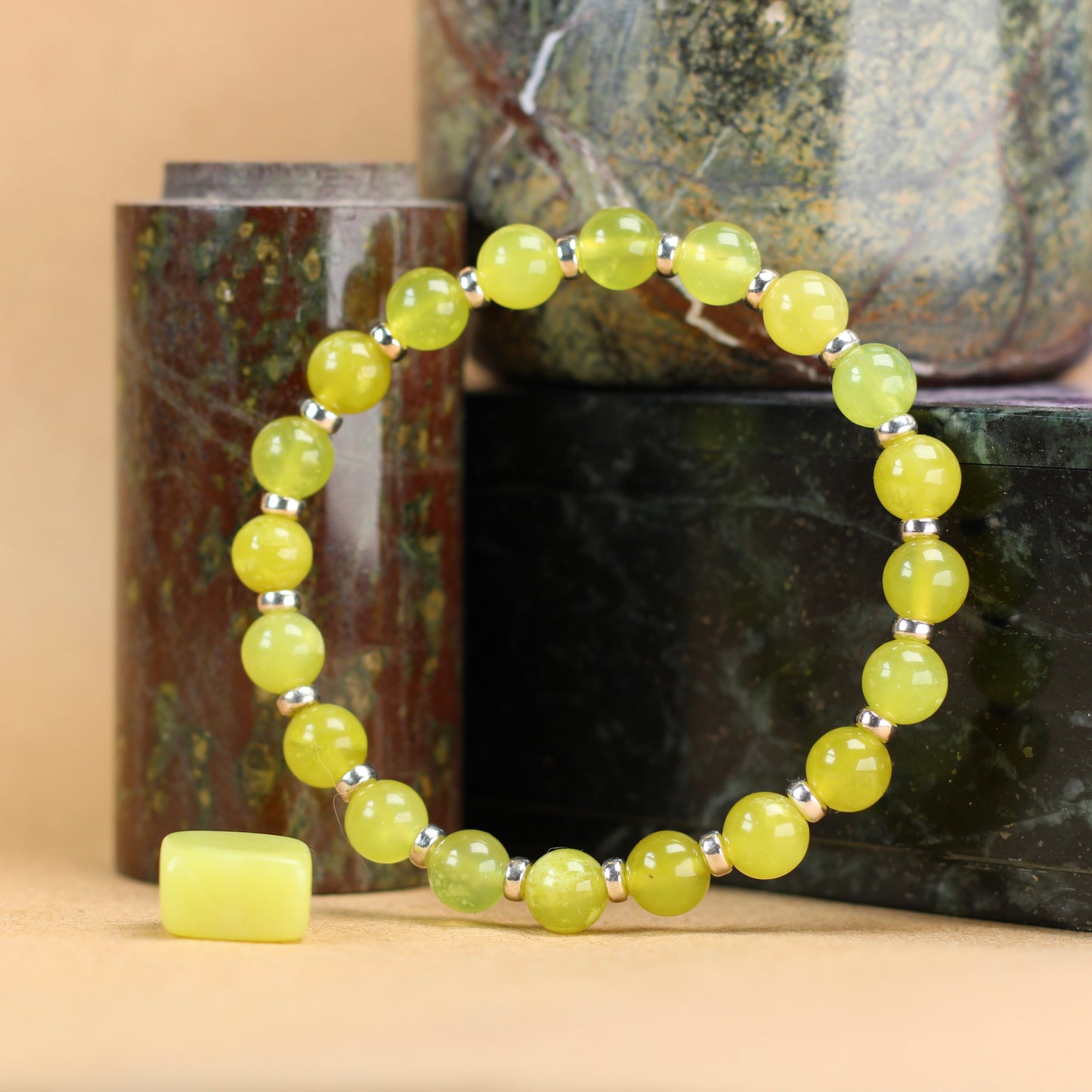 Olive Serpentine Power Bracelet With Sterling Silver & Healerite Tumble Stone