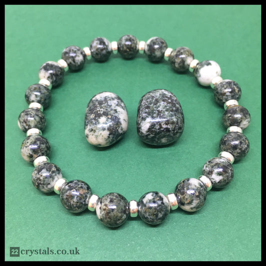 Preseli Bluestone (Spotted) Power Bracelet With Sterling Silver & Dolerite Tumble Stone