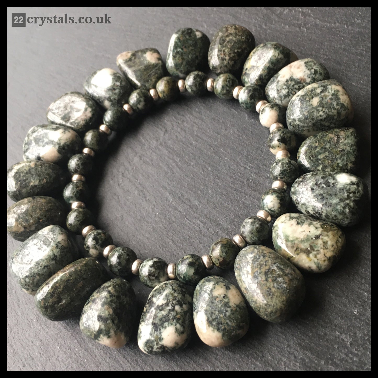 Preseli Bluestone (Spotted) Power Bracelet With Sterling Silver & Dolerite Tumble Stone