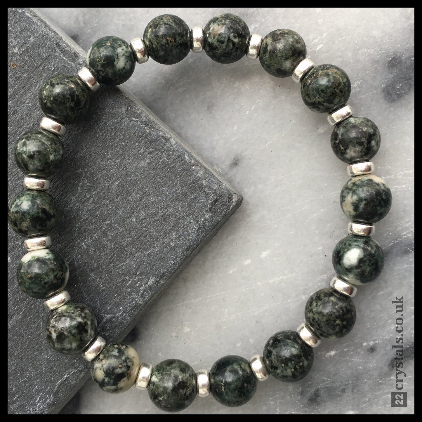 Preseli Bluestone (Spotted) Power Bracelet With Sterling Silver & Dolerite Tumble Stone